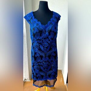 Tadashi Shoji, cobalt blue black lace midi dress, EUC. 16